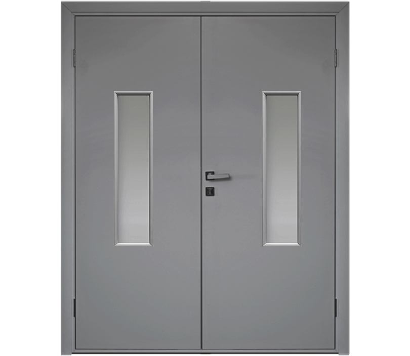 Влагостойкая дверь ПВХ EtaDoor с окном серая двухстворчатая с алюминиевой кромкой
