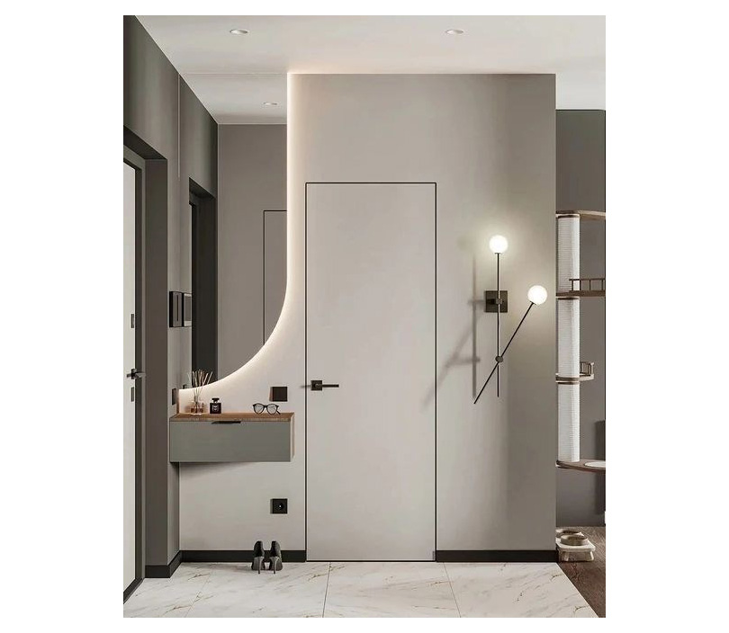 Скрытая влагостойкая дверь белая с черной алюминиевой кромкой