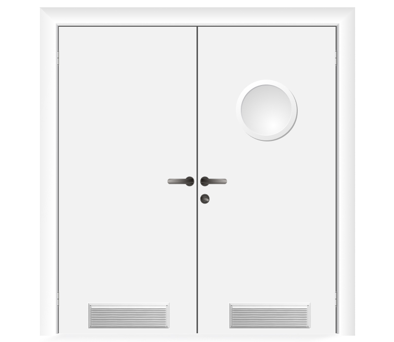 Влагостойкая дверь ПВХ EtaDoor с иллюминатором белая двухстворчатая с вентиляционной решеткой