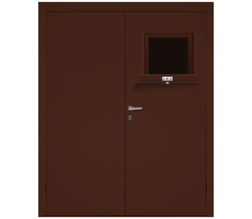 Влагостойкая дверь ПВХ EtaDoor с передаточным окном коричневая двухстворчатая с ПВХ кромкой