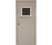 Влагостойкая дверь ПВХ EtaDoor с передаточным окном бежевая одностворчатая с алюминиевой кромкой